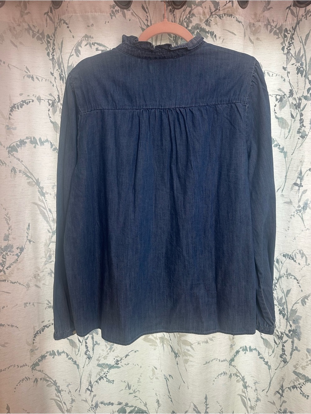 LOFT Dark Blue Ruffled Denim Button-Down Shirt - Picture 2 of 4